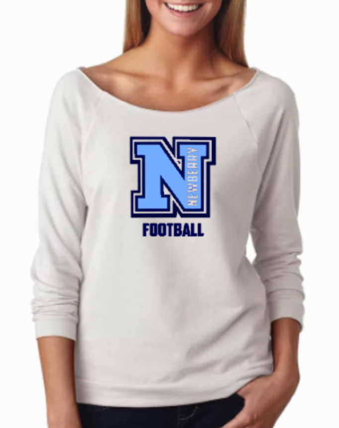 Southern Script Newberry Football Logo Ladies Wide Neck TeeNewberry High School Spirit Wear
